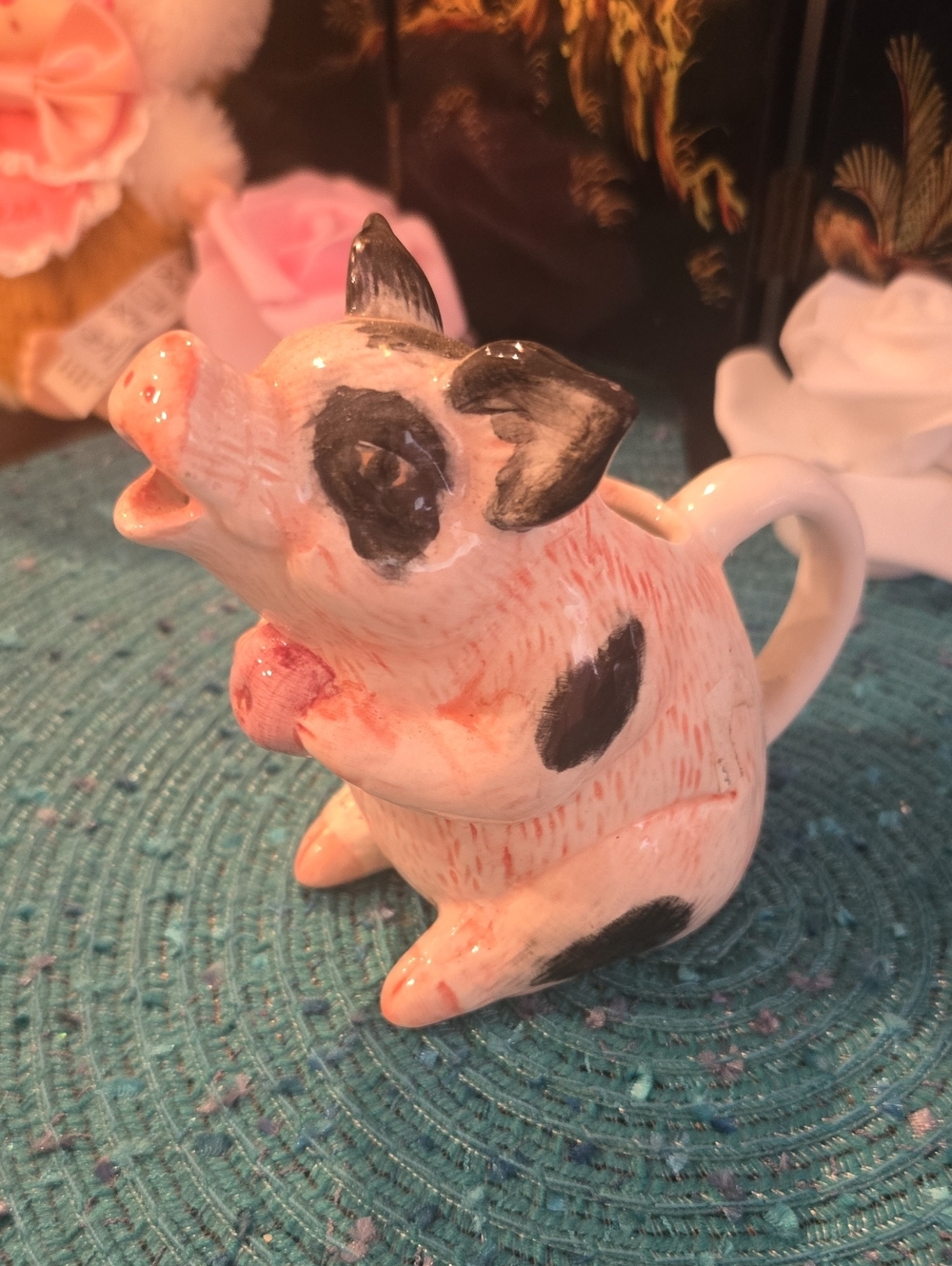Hand-Painted Pink Ceramic Pig Pitcher with Black Spot Accents
